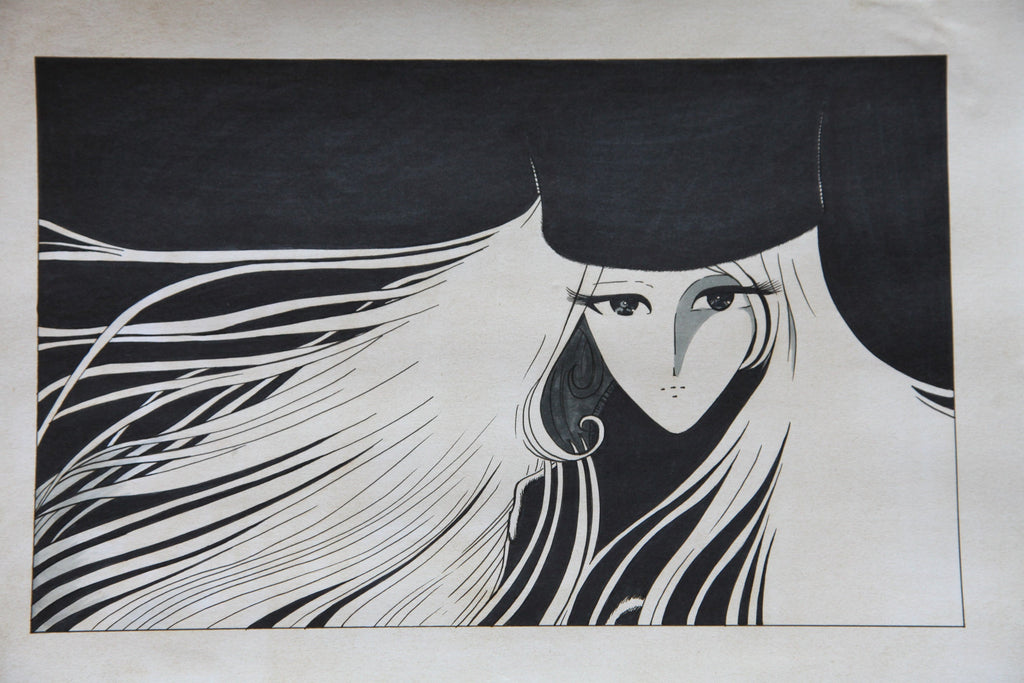 Close up ink line work Maetel face Leiji Matsumoto style manga art
